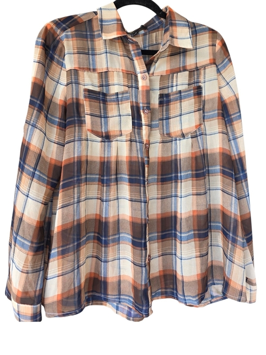 Honey Punch Tops - Honey Punch Plaid Button-Up Shirt in Cream, Blue & Rust Size Large